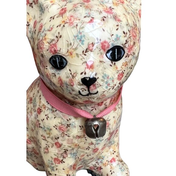 Vtg DECOUPAGE Ceramic CAT Kitten Kitty Floral Cream Fabric Pink Ribbon Bell 6" T - Picture 10 of 15